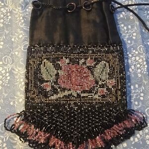 Vintage 1900's Black Silk & Beaded Pink Floral Motif Drawstring Purse.